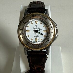 Vintage Celebrity Watch Compass Bezel White Dial Braided Leather Strap